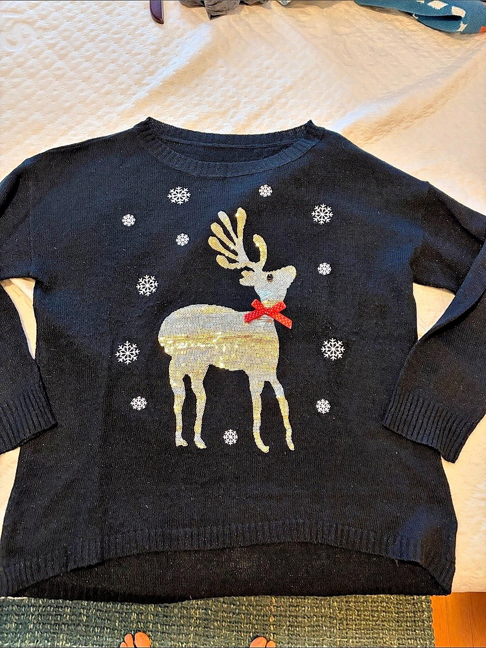 Reindeer Christmas Sweater in Black with gold sequins